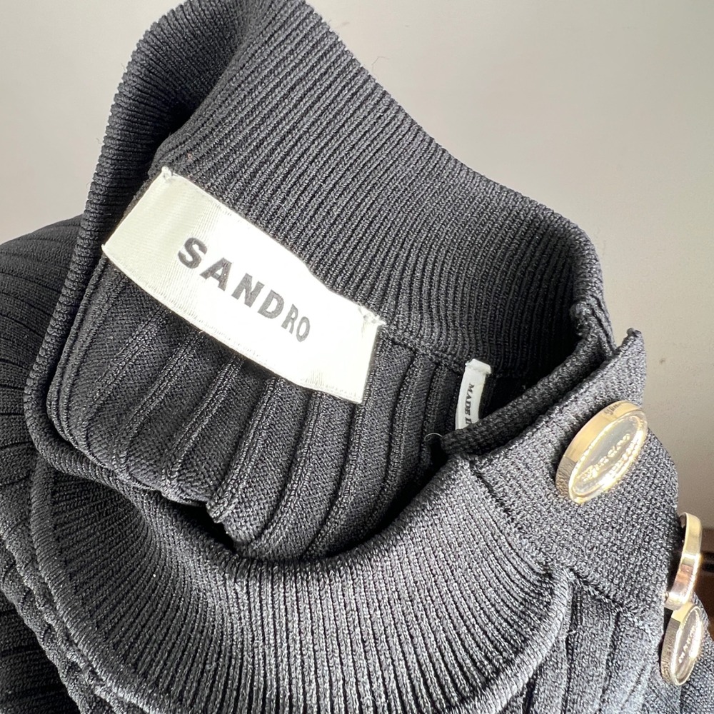 Sandro Black Ribbed Knit Short Sleeve A-Line Dress Gold Button Detail Size 36 - Picture 8 of 14